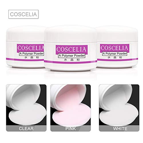 COSCELIA Kit de Uñas en Polvo Kit Herramientas Uñas con Polvos Rosa Blanco Transparente Liquido Monómero 30ml y Primer Kit de Manicura