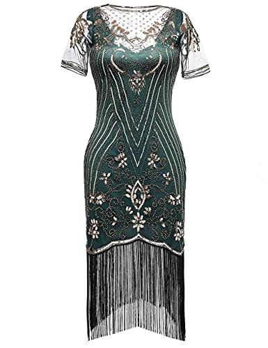 Coucoland Vestido de mujer de los años 20, manga corta y cuello redondo, vestido flapper, vestido de lentejuelas de los años 20, Great Gatsby, cóctel, fiesta, disfraz de mujer, Verde y dorado., L