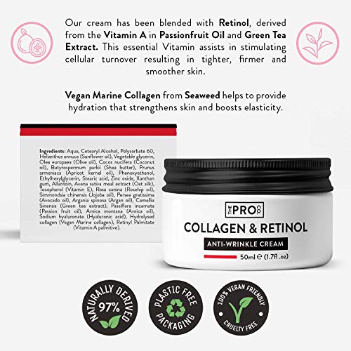 Crema Antiarrugas de Colágeno y Retinol 50 ml - Apta para veganos - Embalaje sostenible sin plástico - Crema Facial Antiarrugas con Ácido Hialurónico - Fabricada en el Reino Unido por The Pro Co