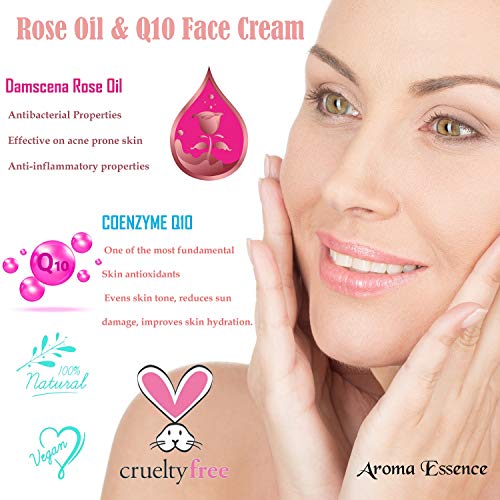 Crema facial de día antiarrugas con aceite de rosa, Q10 y vitamina E, Crema facial antiedad y nutritiva, Sin parabenos ni conservantes 50 ml