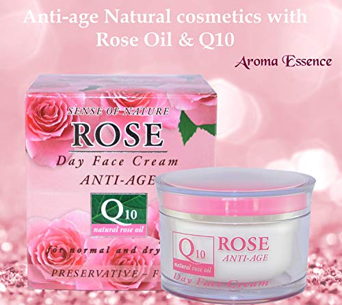 Crema facial de día antiarrugas con aceite de rosa, Q10 y vitamina E, Crema facial antiedad y nutritiva, Sin parabenos ni conservantes 50 ml