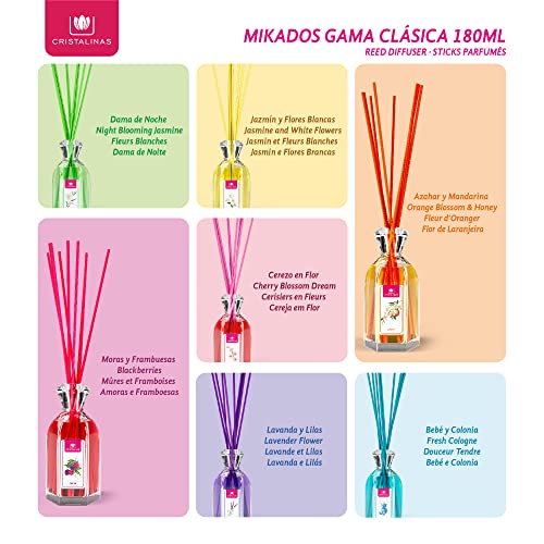 CRISTALINAS Ambientador Mikado Clásico. Difusor con Varillas de ratán. Formula sin Alcohol. Máxima duración, más de 16 semanas. 180ml de Capacidad. Aroma Dama de Noche. (180ml+40ml)