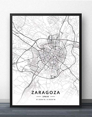 Cuadro Sobre Lienzo,Zaragoza España Ciudad Mapa Pared Imprime Murales Carteles Blanco Negro Pinturas Arte Rectángulo Imágenes Pop Arte Para La Habitación De La Vida Casa Decoración,60X80Cm/23.62