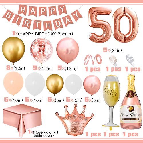 Cumpleaños Decoraciones Mujeres 50 Años, Decoración Fiesta Oro Rosa con 50 Globos Nymber, Pancarta Feliz Cumpleaños, Mantel Oro Rosa, Oro Rosa Globos para Decoraciones Fiesta Cumpleaños 50 Mujeres