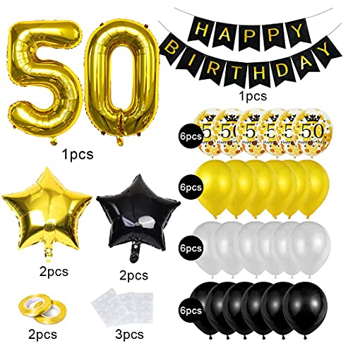 Cumpleaños Globos 50, Decoración de cumpleaños 50 en Oro Negro, Feliz cumpleaños Decoración Globos 50 Años, 50 Globos de Confeti y Globos de Aluminio para chico y hombre