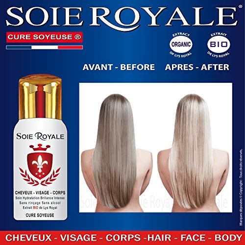 Cura Sedoso 66 ml Suero Extracto orgánico de flor de Lis Real Proteínas de seda Vitaminas E-F Nutre Hidrata Desenreda a todo tipo de cabello con brillo capilar intenso Alisa y suaviza la piel. Soie Royale® BIO Cure Soyeuse® Sin alcohol.