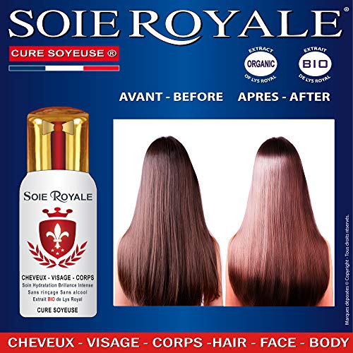 Cura Sedoso 66 ml Suero Extracto orgánico de flor de Lis Real Proteínas de seda Vitaminas E-F Nutre Hidrata Desenreda a todo tipo de cabello con brillo capilar intenso Alisa y suaviza la piel. Soie Royale® BIO Cure Soyeuse® Sin alcohol.