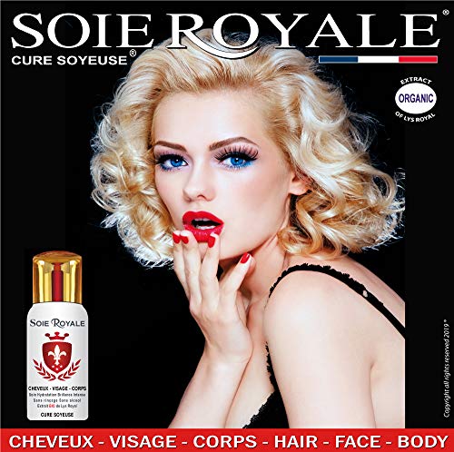 Cura Sedoso 66 ml Suero Extracto orgánico de flor de Lis Real Proteínas de seda Vitaminas E-F Nutre Hidrata Desenreda a todo tipo de cabello con brillo capilar intenso Alisa y suaviza la piel. Soie Royale® BIO Cure Soyeuse® Sin alcohol.