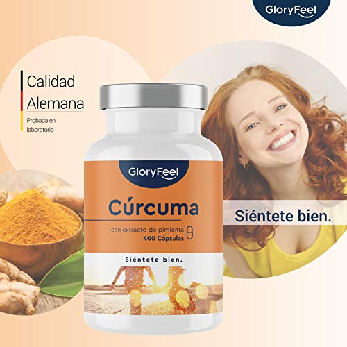 Cúrcuma Curcumina con Pimienta Negra (Piperina) - 400 Cápsulas Veganas (Suministro para 1+ año) - Máxima Potencia 700mg por Cápsula - Polvo de Turmeric Original de la India - Fabricado en Alemania