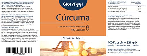 Cúrcuma Curcumina con Pimienta Negra (Piperina) - 400 Cápsulas Veganas (Suministro para 1+ año) - Máxima Potencia 700mg por Cápsula - Polvo de Turmeric Original de la India - Fabricado en Alemania