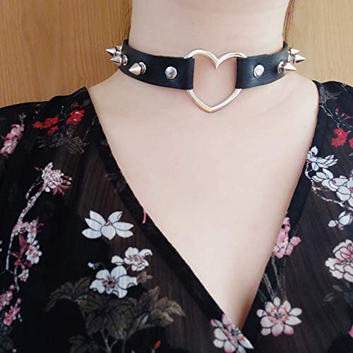 Daimay 2PCS Gargantilla Gótica Lolita Corazón Cuero de PU Remache Punk Rock Collar de Cosplay Negro de los 90 Tamaño Ajustable Negro