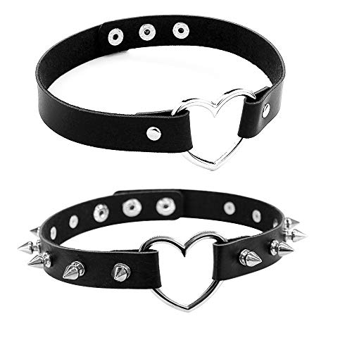 Daimay 2PCS Gargantilla Gótica Lolita Corazón Cuero de PU Remache Punk Rock Collar de Cosplay Negro de los 90 Tamaño Ajustable Negro