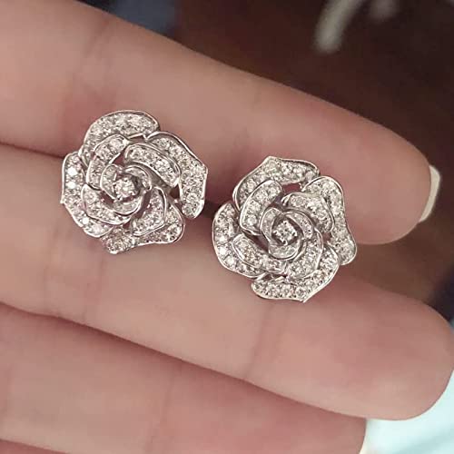 DASHANG Clásico Camelia Flor Stud Pendiente Delicado Accesorio De Mujer Uso Diario Fiesta Pendiente con Flor Blanca Joyería-Chapado En Plata,Cn