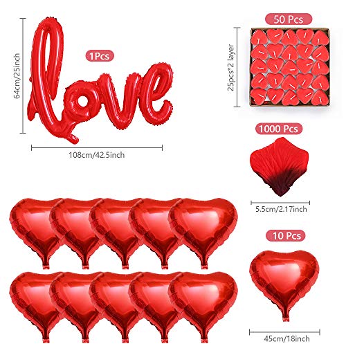 DASIAUTOEM Kit Romántico de Velas y Pétalos,1000 Piezas Pétalos de Rosa, 50 Velas en Forma de Corazón y 10 Globos Corazón Rojo, 1 Globos en Forma de Amor para Bodas Decoración, Fiestas, Proponer