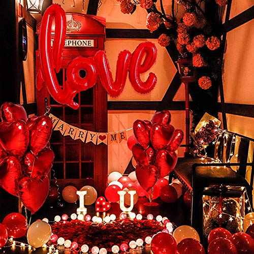 DASIAUTOEM Kit Romántico de Velas y Pétalos,1000 Piezas Pétalos de Rosa, 50 Velas en Forma de Corazón y 10 Globos Corazón Rojo, 1 Globos en Forma de Amor para Bodas Decoración, Fiestas, Proponer