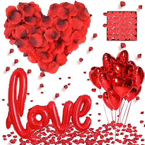 DASIAUTOEM Kit Romántico de Velas y Pétalos,1000 Piezas Pétalos de Rosa, 50 Velas en Forma de Corazón y 10 Globos Corazón Rojo, 1 Globos en Forma de Amor para Bodas Decoración, Fiestas, Proponer