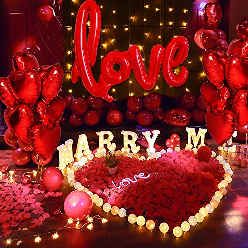 DASIAUTOEM Kit Romántico de Velas y Pétalos,1000 Piezas Pétalos de Rosa, 50 Velas en Forma de Corazón y 10 Globos Corazón Rojo, 1 Globos en Forma de Amor para Bodas Decoración, Fiestas, Proponer