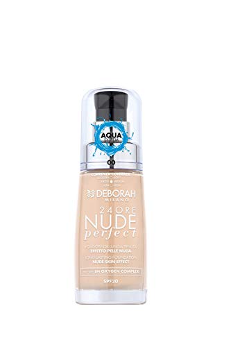 Deborah 24 horas Nude Perfect N.00 - Base de maquillaje hidratante y ligera, de larga duración, efecto nude, textura fluida de cobertura media, para un cutis uniforme, radiante y aterciopelado