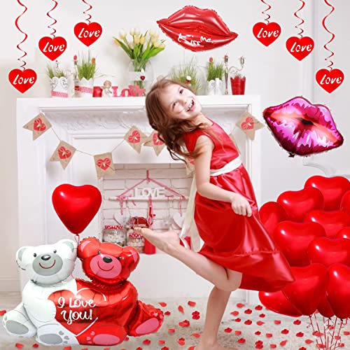 Decoración romántica para el día de San Valentín,1000 pétalos de Rosa roja Globos Rojos Globos de Labios Grandes Globo de Oso de Amor para el día de San Valentín Decoración de Aniversario de Boda