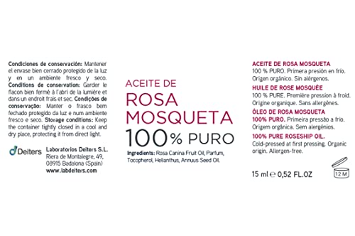 DEITERS - Aceite Rosa Mosqueta Puro, Rosa Mosqueta para Cicatrices, Reductor de Cicatrices, Quita Manchas, Frasco Cristal Cuentagotas 15 ml