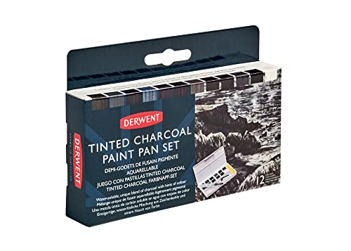 Derwent Bandeja de Pinturas de Carboncillo Tintado, 12 Colores, Calidad Profesional, Solubles en Agua, Mezclable, Portátil, Incluye Paletas, Mini Pincel y Esponja para Limpiar, 2305872