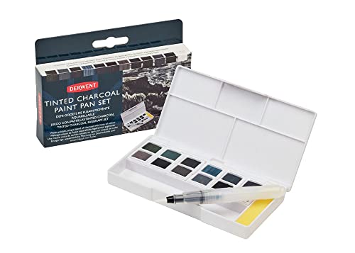 Derwent Bandeja de Pinturas de Carboncillo Tintado, 12 Colores, Calidad Profesional, Solubles en Agua, Mezclable, Portátil, Incluye Paletas, Mini Pincel y Esponja para Limpiar, 2305872