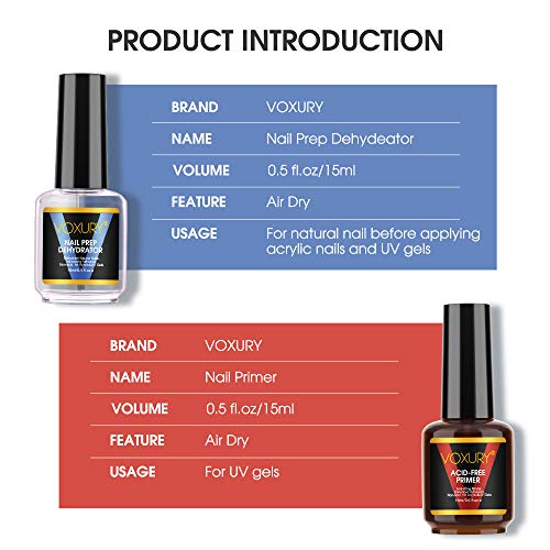 Deshidratador y Primer Uñas Gel UV, VOXURY Deshidratada y Primer sin Acido para Esmaltes Semipermanentes de Uñas en Polvo Acrílico y Gel Acrilicas 2*15ml (01)