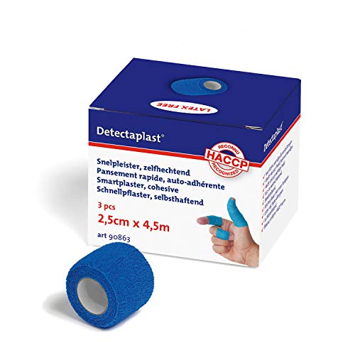 Detectaplast Tirita inteligente impermeable, tirita autoadhesiva para heridas y esguinces, rollo de esparadrapo estéril para manipulación de alimentos, 2,5 cm x 4,5 m, 3uds.