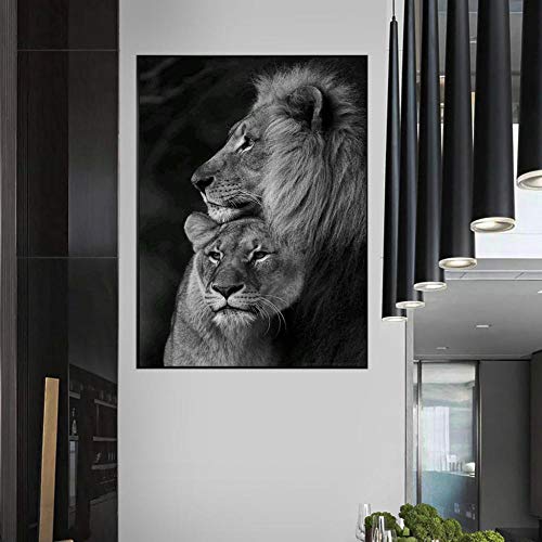 DFRES Pinturas de Lienzo de león en Blanco y Negro, póster Realista de Animales, impresión de León, Parejas, Cuadro de Arte de Pared, decoración Mural Moderna para el hogar, Mural 40x60cm