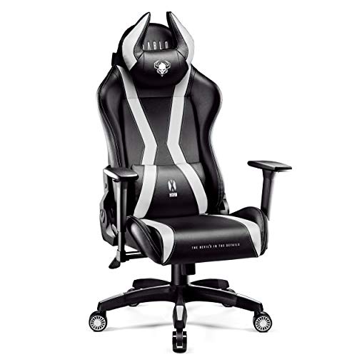 Diablo X-Horn Silla Gaming Oficina Gamer Apoyabrazos 3D Cojín Ajustable Diseño Ergonómico Cuero Sintético Función de Inclinación Negro-Blanco King (XL)