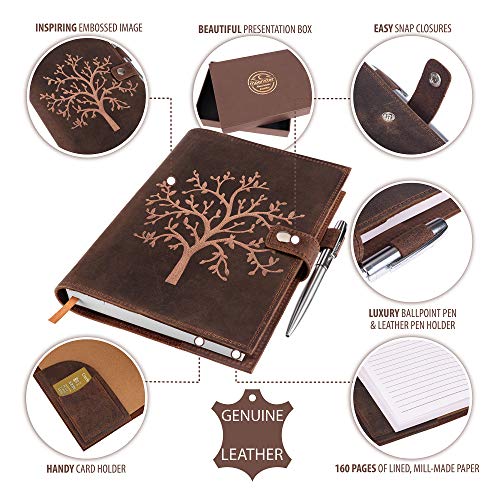 Diario Personal Recargable con Funda de Cuero – Árbol de la Vida en Relieve – Cuaderno de Notas de Cuero Genuino Hecho a Mano con Portalápices – Libreta A5 Incluye Papel y Bolígrafo Plateado