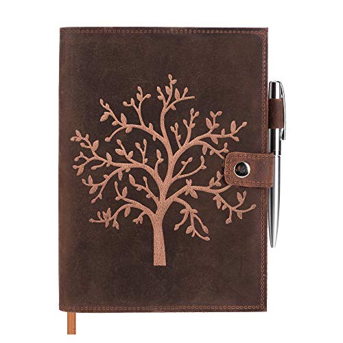 Diario Personal Recargable con Funda de Cuero – Árbol de la Vida en Relieve – Cuaderno de Notas de Cuero Genuino Hecho a Mano con Portalápices – Libreta A5 Incluye Papel y Bolígrafo Plateado