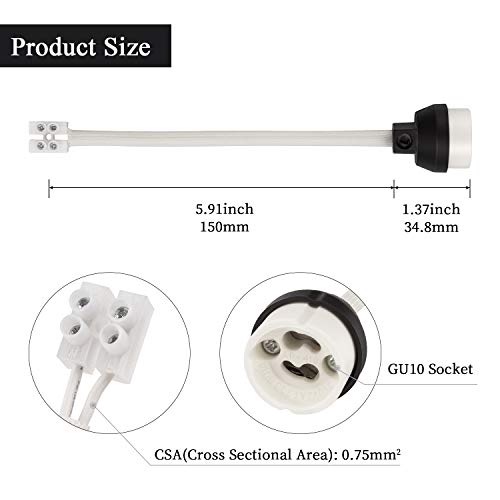 DiCUNO GU10 Portalámparas, 0.75mm² 15CM/150MM Cable, GU10 Conector Base de cerámica para bombilla GU10, 0-250V, 2A, 10 Paquetes