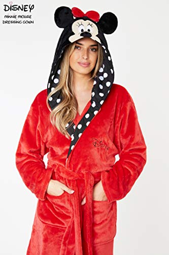 Disney Bata Mujer Invierno, Minnie Mouse Albornoz Mujer, Bata de Casa Mujer Forro Polar, Batas de Casa Mujer Invierno Capucha, Regalos para Mujer Adolescente (Rojo, XL)