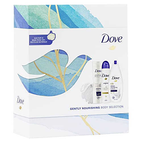 Dove Selección corporal suavemente nutritiva que incluye desodorante original Dove para mujeres y un lujoso juego de regalo de hojaldre de ducha regalos festivos para ella 3 piezas