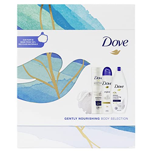 Dove Selección corporal suavemente nutritiva que incluye desodorante original Dove para mujeres y un lujoso juego de regalo de hojaldre de ducha regalos festivos para ella 3 piezas