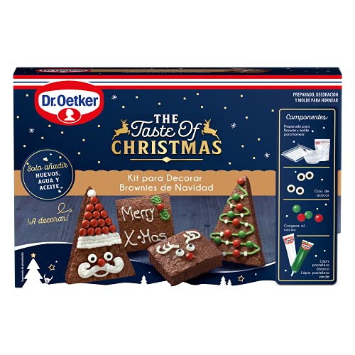 Dr. Oetker Kit Brownies Navidad. Incluye Preparado Para Brownies, Molde, Ojos De Azúcar, Grajeas Al Cacao Y Lápices Pasteleros Blanco Y Verde