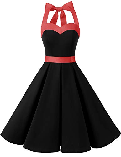 Dresstells® Halter 50s Rockabilly Polka Dots Audrey Dress Retro Cocktail Dress Black 2XL