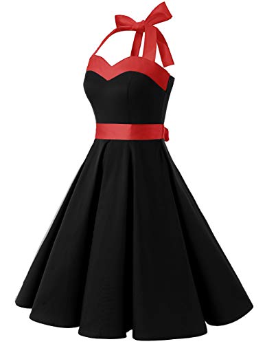 Dresstells® Halter 50s Rockabilly Polka Dots Audrey Dress Retro Cocktail Dress Black 2XL