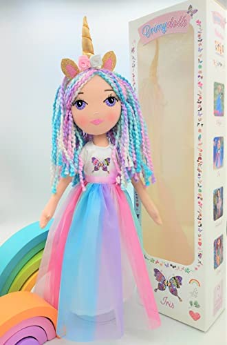 DRIMYDOLLS - Muñeca Unicornio de Trapo Suave Niñas, Blandita, Hecha a Mano, Muñeca de Moda 43 CM, en Tela, Ojos Arcoiris, Vestido Princesa Fantasía, Colección Iris, Exclusiva, Diseño, Regalo Original