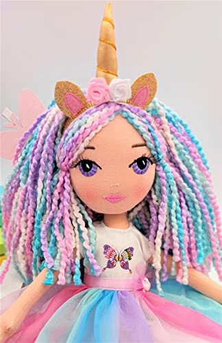 DRIMYDOLLS - Muñeca Unicornio de Trapo Suave Niñas, Blandita, Hecha a Mano, Muñeca de Moda 43 CM, en Tela, Ojos Arcoiris, Vestido Princesa Fantasía, Colección Iris, Exclusiva, Diseño, Regalo Original