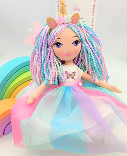 DRIMYDOLLS - Muñeca Unicornio de Trapo Suave Niñas, Blandita, Hecha a Mano, Muñeca de Moda 43 CM, en Tela, Ojos Arcoiris, Vestido Princesa Fantasía, Colección Iris, Exclusiva, Diseño, Regalo Original