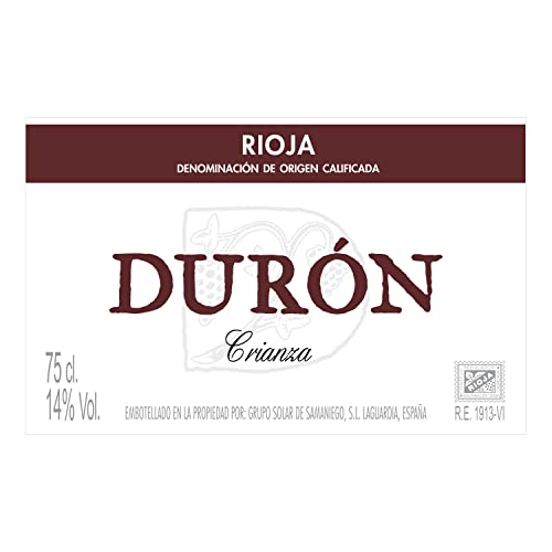 Durón – Vino Tinto Crianza 2017 Denominación de Origen Calificada Rioja, Variedad Tempranillo, 12 meses en barrica – Caja de 6 botellas x 750 ml – Total: 4500 ml