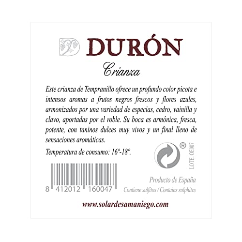 Durón – Vino Tinto Crianza 2017 Denominación de Origen Calificada Rioja, Variedad Tempranillo, 12 meses en barrica – Caja de 6 botellas x 750 ml – Total: 4500 ml