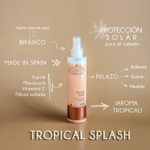 D.VINITY Tropical Splash – Spray Protección Solar, Acondicionador para Cabellos Secos, Nutre y Repara, Rico en Vitamina C, Filtro UV, Elimina Restos Cloro, Protector Solar (200 ml)