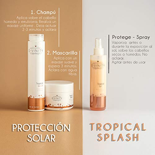 D.VINITY Tropical Splash – Spray Protección Solar, Acondicionador para Cabellos Secos, Nutre y Repara, Rico en Vitamina C, Filtro UV, Elimina Restos Cloro, Protector Solar (200 ml)