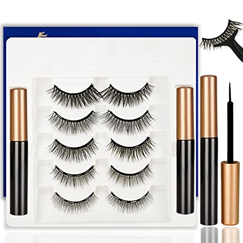 EASTLION Pestañas Magneticas Delineador Kit, 3D Magnetic Eyelashes Naturales Reutilizables, con Impermeable Magnético Delineador, sin Pegamento 5 Pares