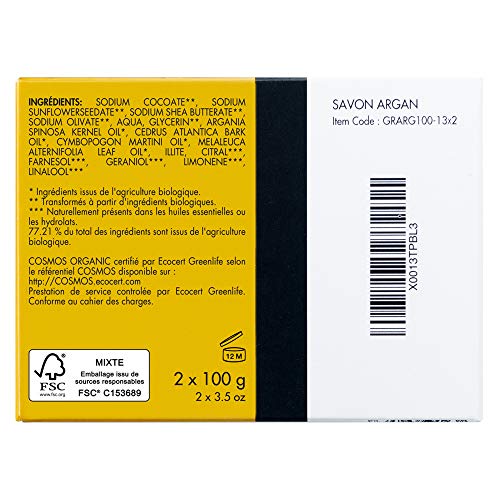 Écrin De Fleur - Jabón de Argán Natural para Pieles Secas y Mixtas, Jabón de Argán Orgánico con Aceites Esenciales de Árbol de Té y Madera de Cedro, Sin Sulfato y Parabenos 2x100g