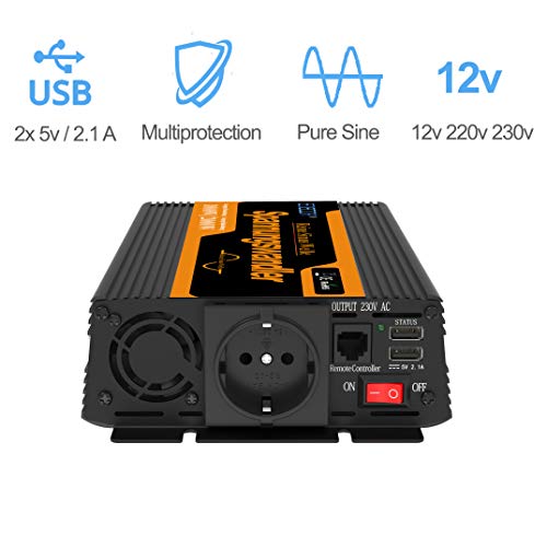 EDECOA Inversor 12v 220v Onda Pura 1000w convertidor de Corriente Transformador energia con Mando 2X USB con Sistema de Aislamiento galvanico (3a generacion)