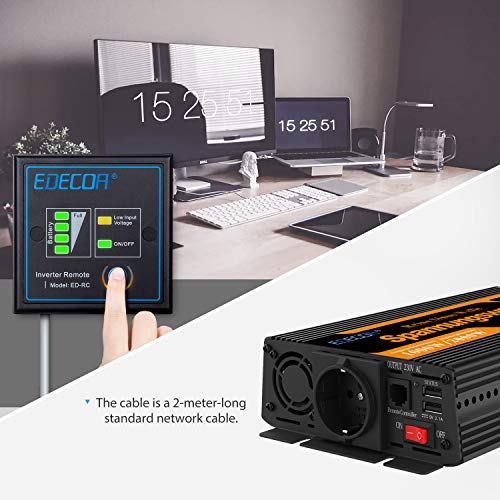 EDECOA Inversor 12v 220v Onda Pura 1000w convertidor de Corriente Transformador energia con Mando 2X USB con Sistema de Aislamiento galvanico (3a generacion)